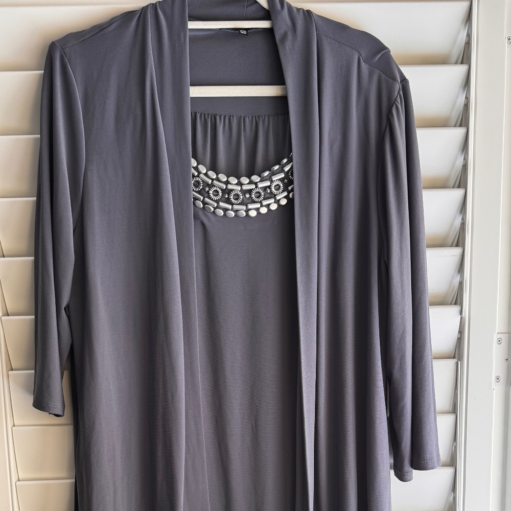 Tiana B Gray Layered Look Top Size 18W | Attached Cardigan Blouse
